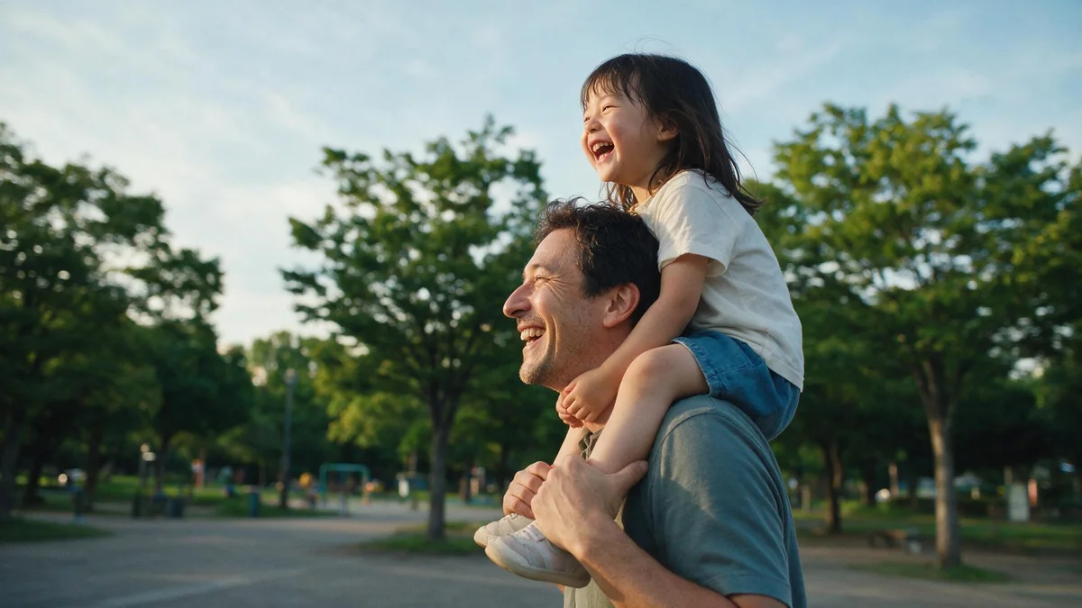 Pai caminhando no parque no fim da tarde com a filha nos ombros